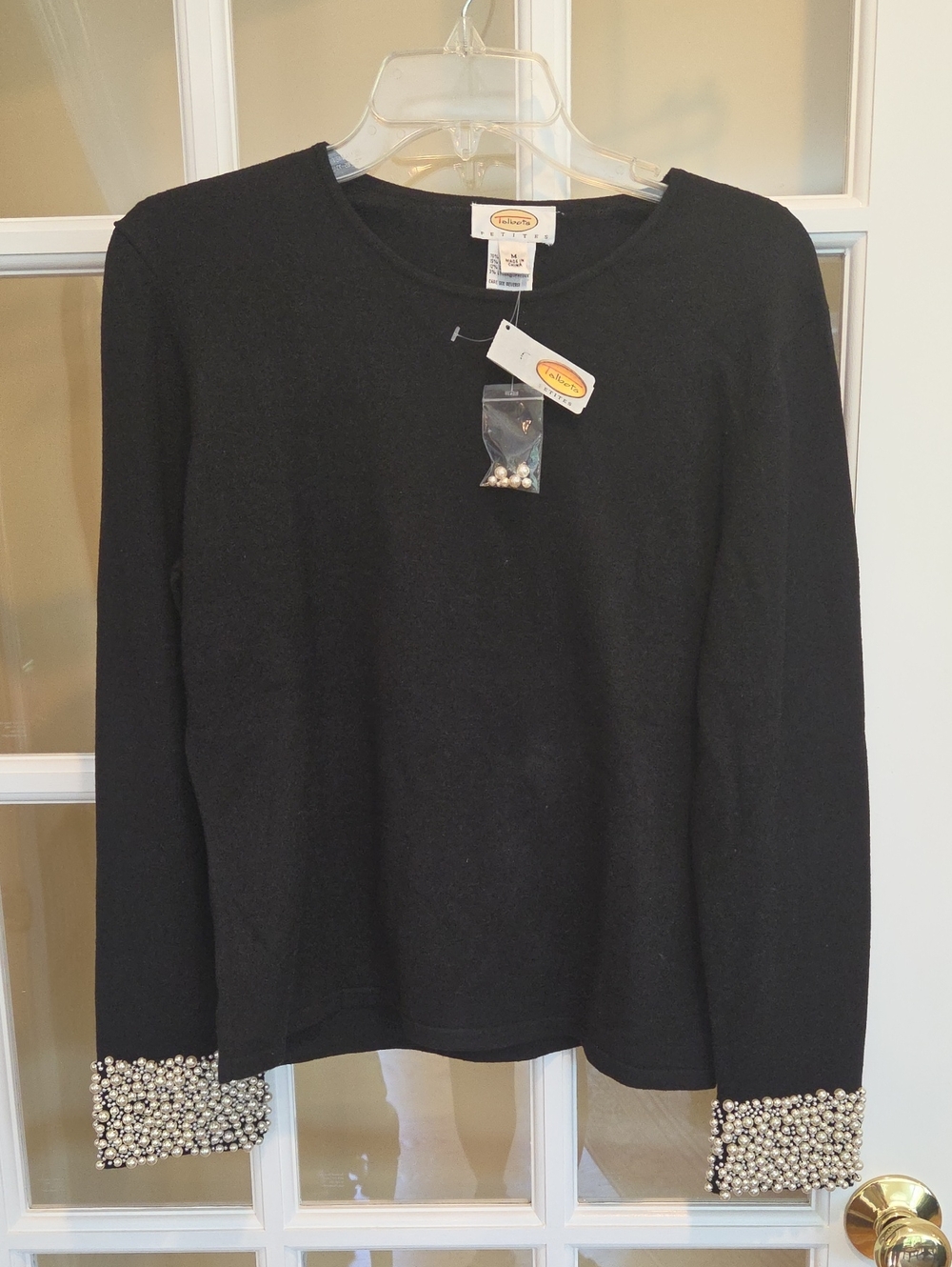 NWT Talbots Black Long Sleeve Sweater W/ Pearl Beaded Cuff Size: PM - Picture 6 of 12
